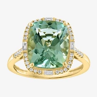 Effy Final Call Limited Quantities! Womens 1/5 CT. Genuine Green Amethyst 14K Gold Cushion Halo Side Stone Cocktail Ring