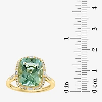 Effy Final Call Limited Quantities! Womens 1/5 CT. Genuine Green Amethyst 14K Gold Cushion Halo Side Stone Cocktail Ring