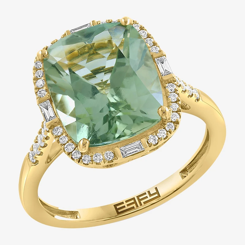 Effy Final Call Limited Quantities! Womens 1/5 CT. Genuine Green Amethyst 14K Gold Cushion Halo Side Stone Cocktail Ring