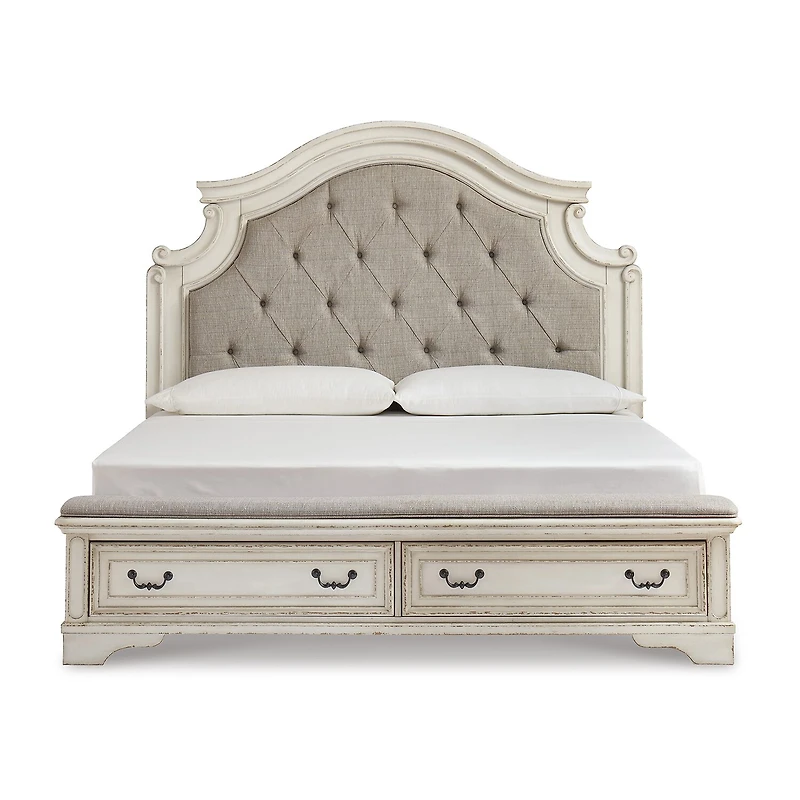 Signature Design by Ashley Realyn Upholstered Panel Bed with 2 Storage Drawers Chipped White