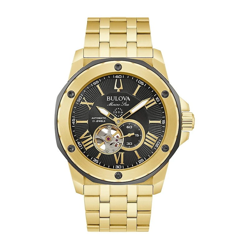 Bulova Marine Star Mens Automatic Gold Tone Stainless Steel Bracelet Watch 98a273