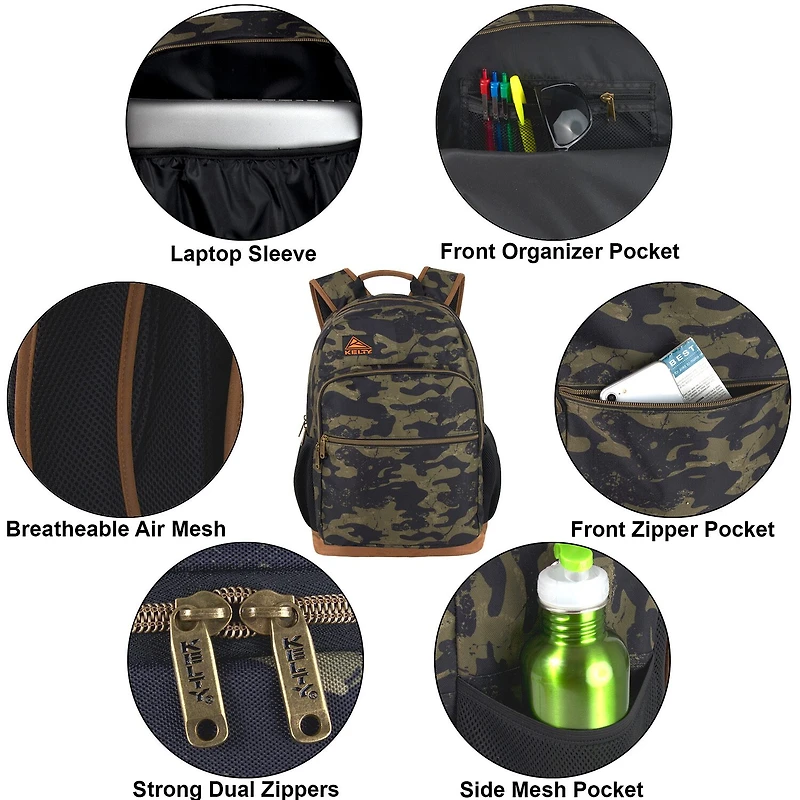 AD Sutton Kelty Camo Backpack with Faux Leather Trim