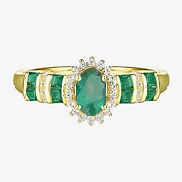 Womens 1/10 CT. T.W. Diamond & Genuine Green Emerald 10K Gold Oval Cocktail Ring