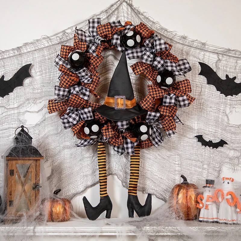Orange and Black Witch with Bows Halloween Wreath 24-Inch Unlit
