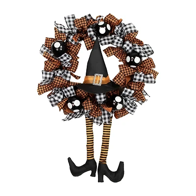 Orange and Black Witch with Bows Halloween Wreath 24-Inch Unlit