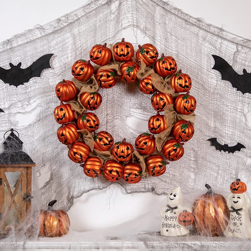 Jack-O-Lantern and Burlap Ribbon Halloween Wreath 20-Inch Unlit