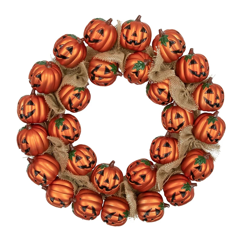 Jack-O-Lantern and Burlap Ribbon Halloween Wreath 20-Inch Unlit