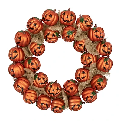 Jack-O-Lantern and Burlap Ribbon Halloween Wreath 20-Inch Unlit