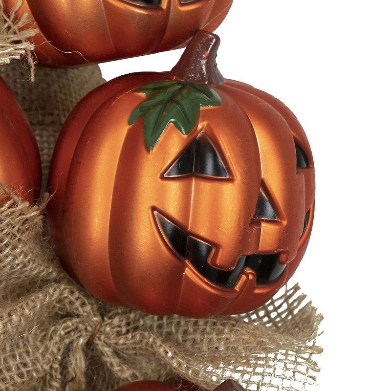 Jack-O-Lantern and Burlap Ribbon Halloween Wreath 20-Inch Unlit