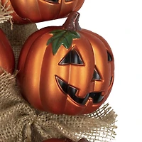 Jack-O-Lantern and Burlap Ribbon Halloween Wreath  20-Inch  Unlit