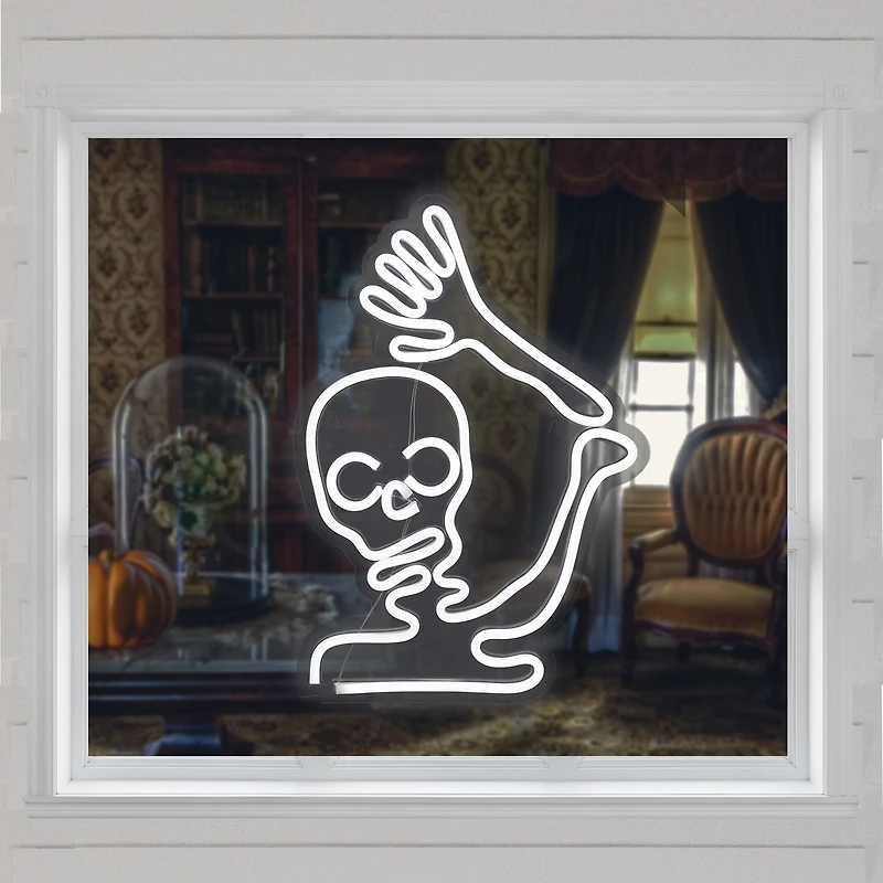15'' White LED Lighted Neon Style Skeleton Halloween Window Silhouette