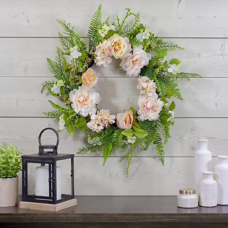 Northlight 24in Rose And Peony Fern Floral Wreath