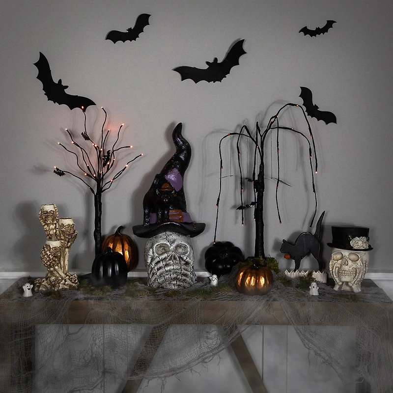 Northlight 22.75in Skull In Witch Hat With Black Cat Halloween Tabletop Decor