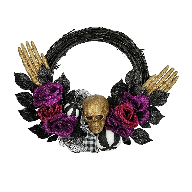 Northlight 22in Skull With Hands And Purple Roses Wreath