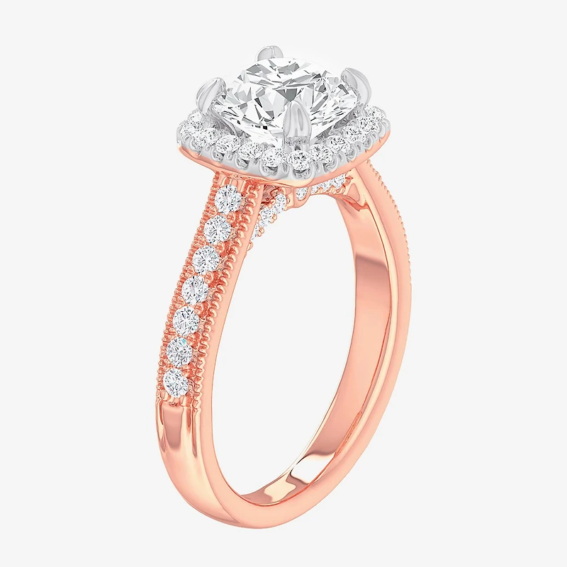 G-H / Si1-Si2) Womens 1/ CT. T.W. Lab Grown White Diamond 14K Gold Cushion Side Stone Halo Engagement Ring