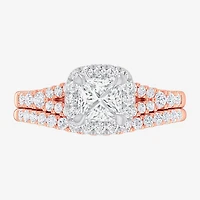 G-H / Si1-Si2) Womens 1 3/8 CT. T.W. Lab Grown White Diamond 14K Gold Cushion Side Stone Halo Bridal Set