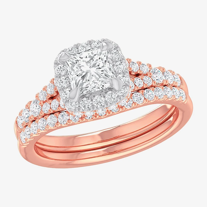G-H / Si1-Si2) Womens 1 3/8 CT. T.W. Lab Grown White Diamond 14K Gold Cushion Side Stone Halo Bridal Set