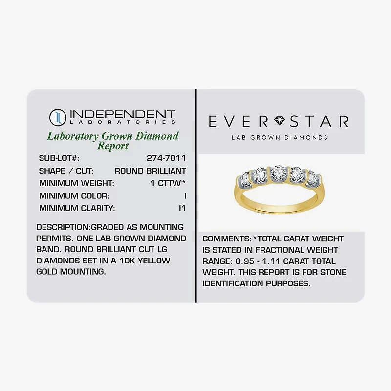H-I / I1) Womens 2MM 1 CT. T.W. Lab Grown White Diamond 10K Gold 5-Stone Anniversary Band