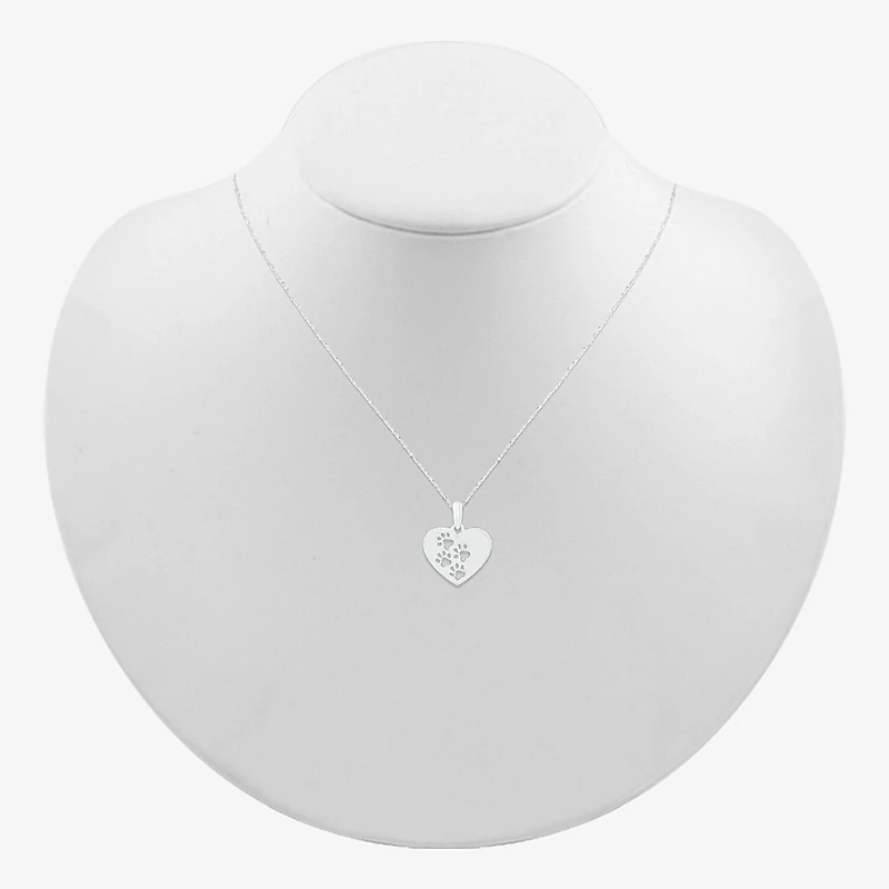 Womens 10K White Gold Cut-out Paw Print Heart Pendant Necklace