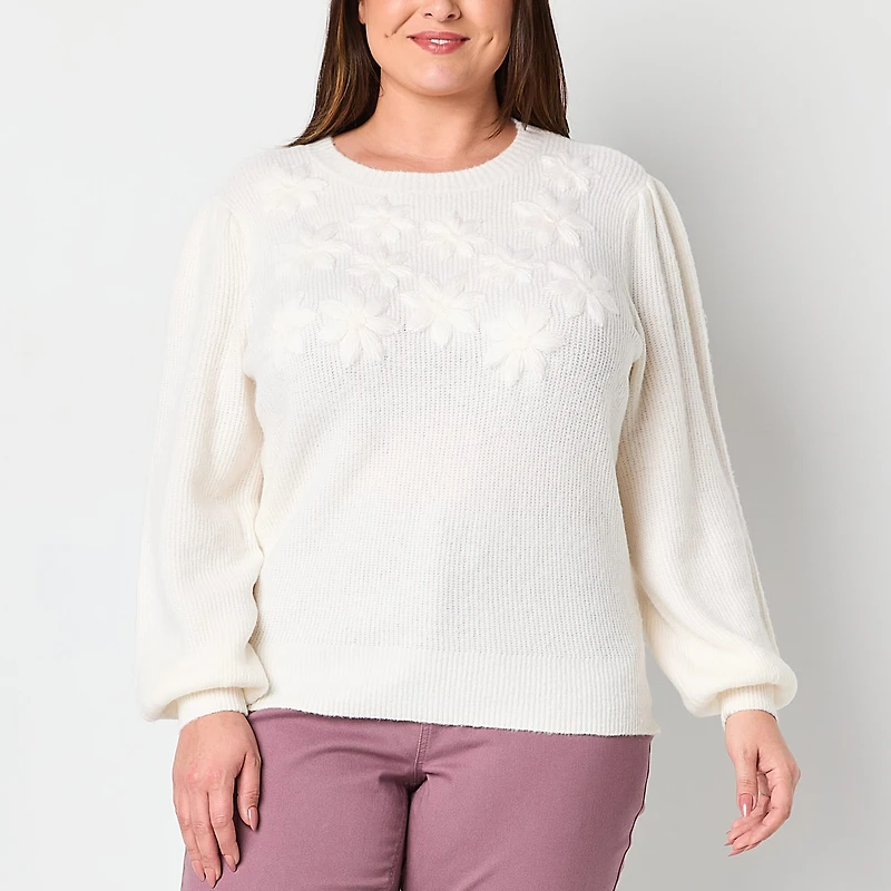 Liz Claiborne Plus Womens Crew Neck Long Sleeve Pullover Sweater