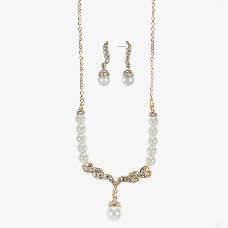 Monet® Simulated Pearl and Crystal Gold-Tone Drop Earring and Necklace Set