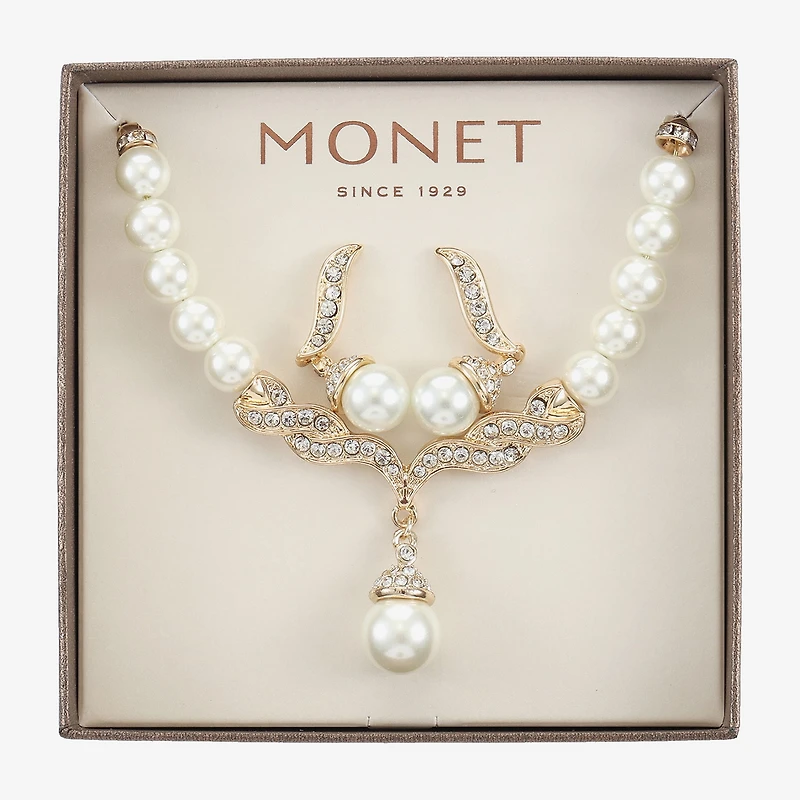 Monet® Simulated Pearl and Crystal Gold-Tone Drop Earring and Necklace Set