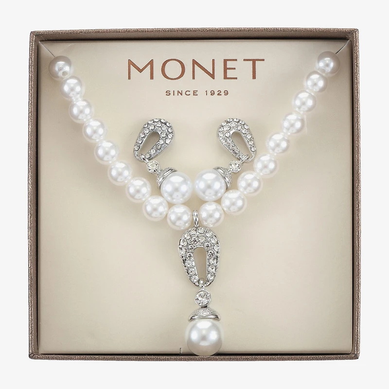 Monet® Simulated Pearl Crystal Double Drop Earring and Necklace Boxed Set