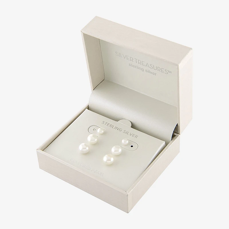 Silver Treasures Cultured Freshwater Pearl Womens White Sterling Silver 3 Pair Earring Set
