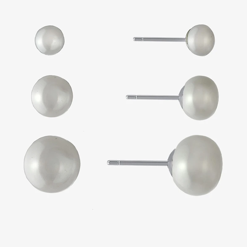 Silver Treasures Cultured Freshwater Pearl Womens White Sterling Silver 3 Pair Earring Set