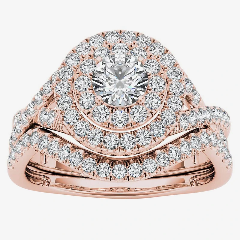 Womens / CT. T.W. Natural Diamond 10K Gold Round Side Stone Halo Bridal Set