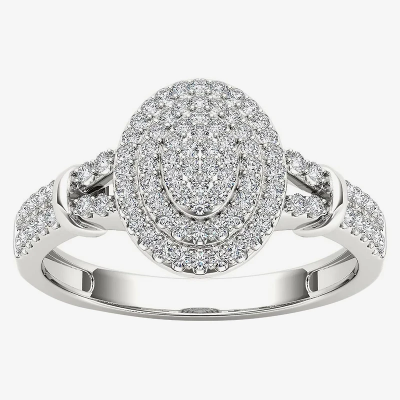 Womens 1/ CT. T.W. Natural White Diamond 10K Gold Oval Side Stone Halo Engagement Ring