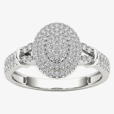 Womens 1/ CT. T.W. Natural White Diamond 10K Gold Oval Side Stone Halo Engagement Ring