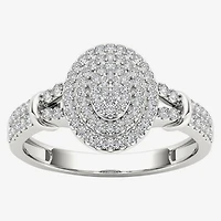 Womens 1/ CT. T.W. Natural White Diamond 10K Gold Oval Side Stone Halo Engagement Ring