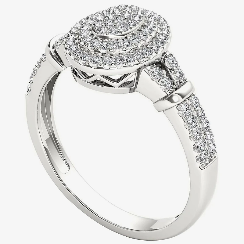 Womens 1/ CT. T.W. Natural White Diamond 10K Gold Oval Side Stone Halo Engagement Ring