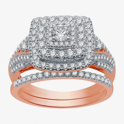 (H-I / I1) Womens 1 CT. T.W. Lab Grown White Diamond 10K Gold Side Stone Halo Bridal Set