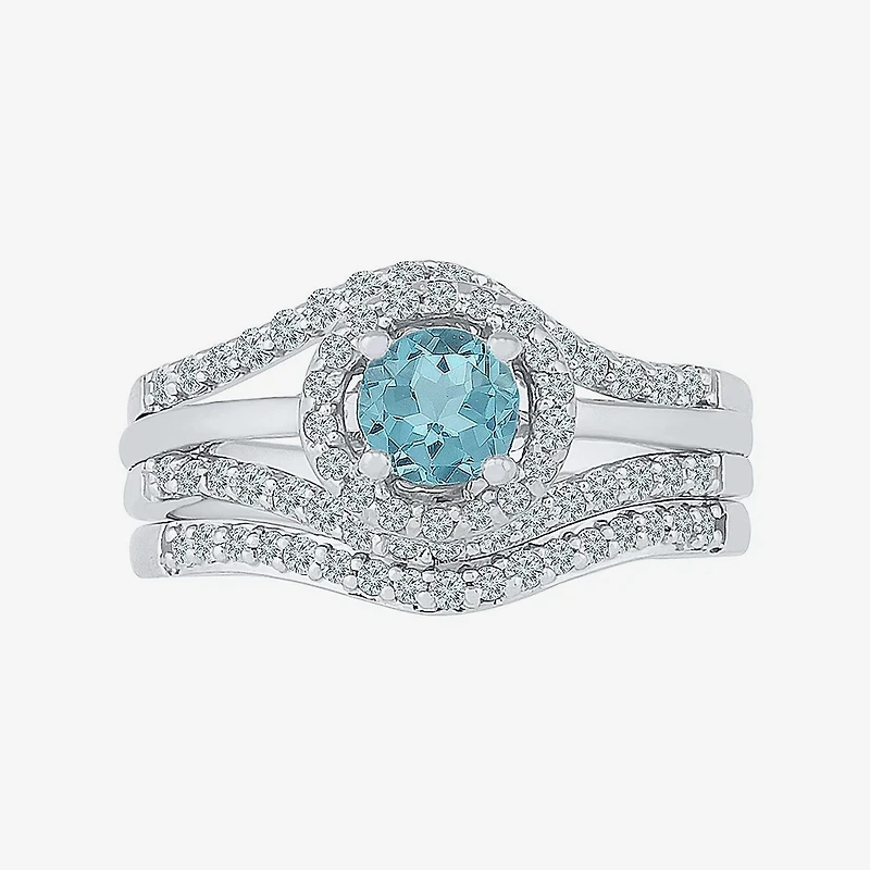 Modern Bride Gemstone Genuine Aquamarine & 1/2 CT. T.W Diamond Sterling Silver Bridal Set