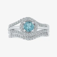 Modern Bride Gemstone Genuine Aquamarine & 1/2 CT. T.W Diamond Sterling Silver Bridal Set