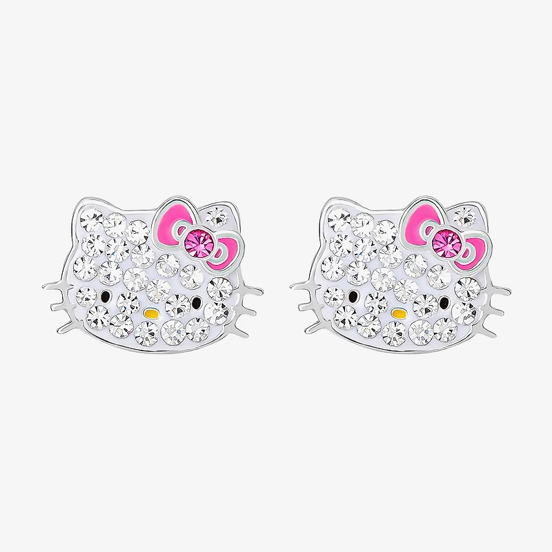 Girls White Crystal Sterling Silver 8.1mm Hello Kitty Hoop Earrings
