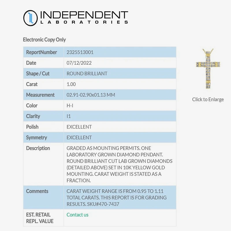 H-I / I1) Womens 1 CT. T.W. Lab Grown White Diamond 10K Gold Cross 18 Inch Pendant Necklace