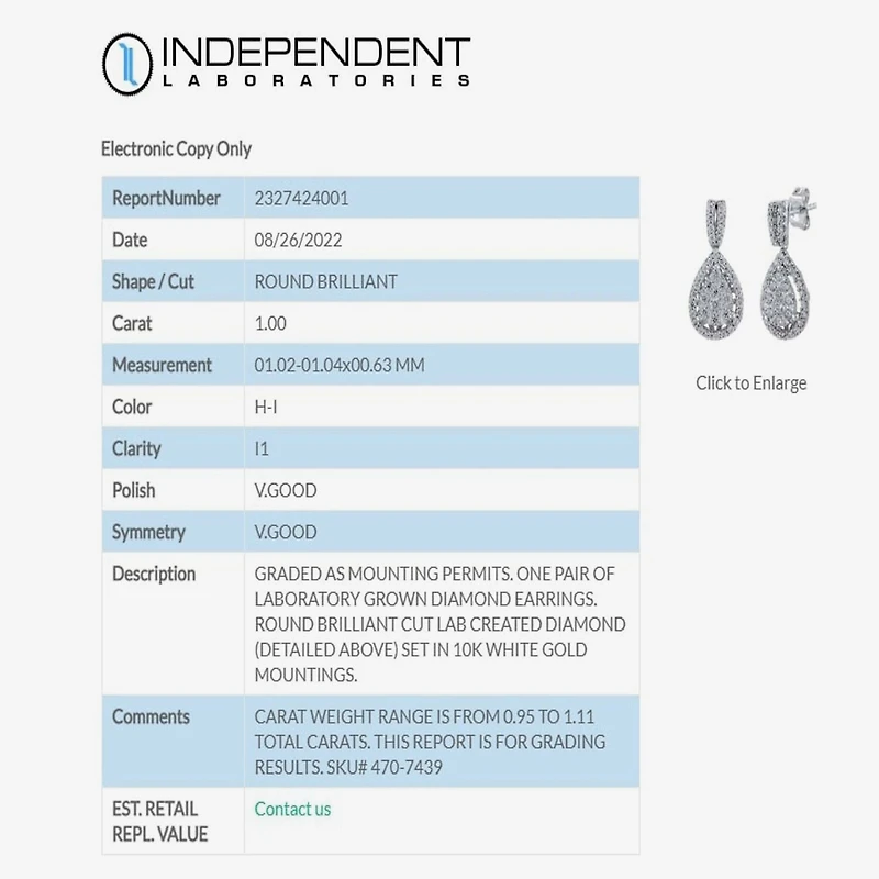 Diamond Blossom (H-I / I1) Womens 1 CT. T.W. Lab Grown White Diamond 10K Gold Pear Drop Earrings