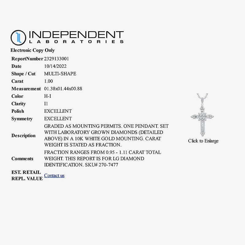 (H-I / I1) Womens 1 CT. T.W. Lab Grown White Diamond 10K Gold Cross 18 Inch Pendant Necklace