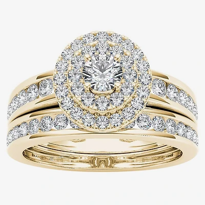 Womens 1 CT. T.W. Natural White Diamond 10K Gold Oval Side Stone Halo Bridal Set