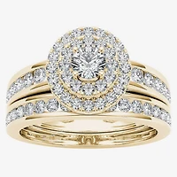 Womens 1 CT. T.W. Natural White Diamond 10K Gold Oval Side Stone Halo Bridal Set