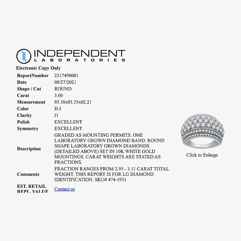 (H-I / I1) Womens 3 CT. T.W. Lab Grown White Diamond 10K Gold Anniversary Band