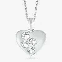Womens 10K White Gold Cut-out Paw Print Heart Pendant Necklace