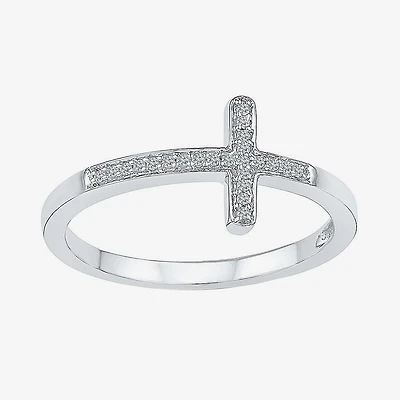 Sideways Womens Diamond Accent Natural White Sterling Silver Cross Delicate Cocktail Ring