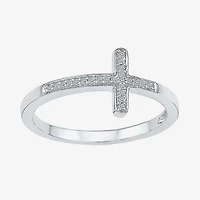 Sideways Womens Diamond Accent Natural White Sterling Silver Cross Delicate Cocktail Ring