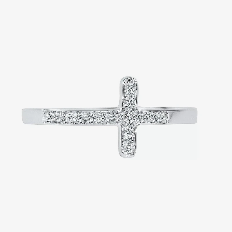Sideways Womens Diamond Accent Natural White Sterling Silver Cross Delicate Cocktail Ring