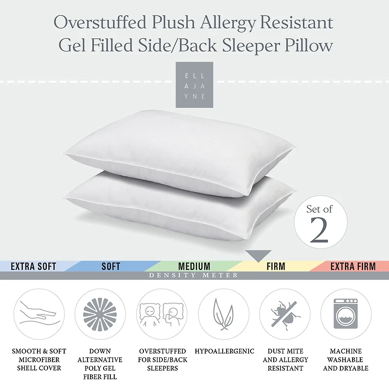 Ella Jayne Signature Plush Firm Allergy-Resistant Down Alternative Gel Filled Side/Back Sleeper Pillow Set of 2