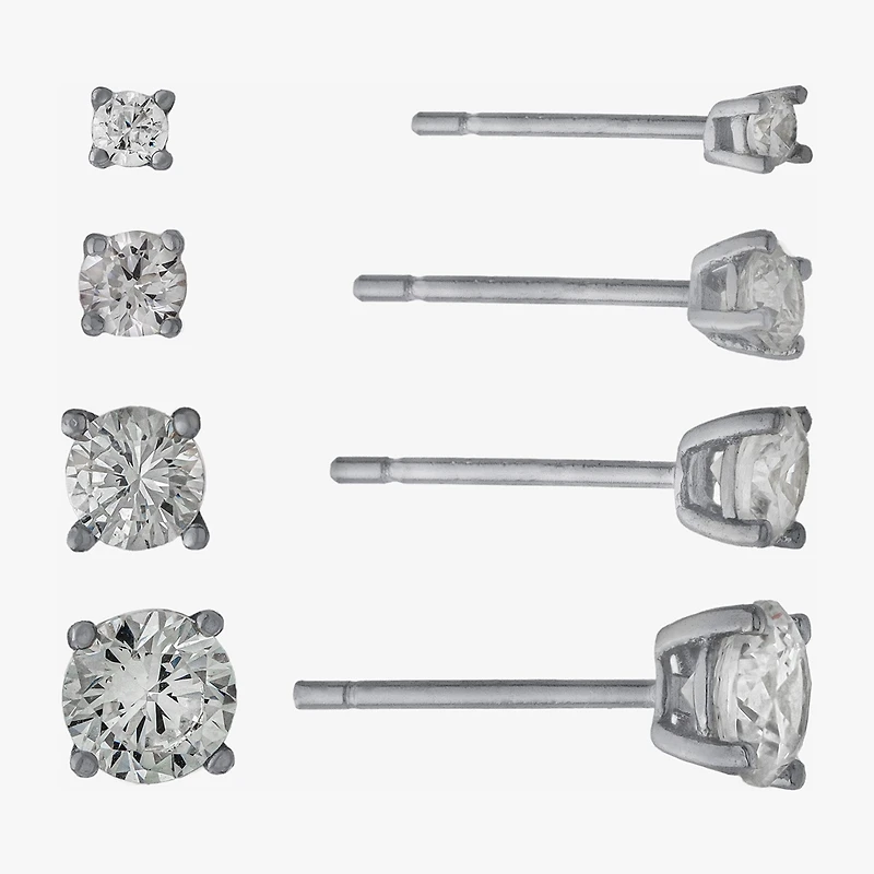 Silver Treasures Womens Cubic Zirconia Sterling Silver Round 4 Pair Earring Set
